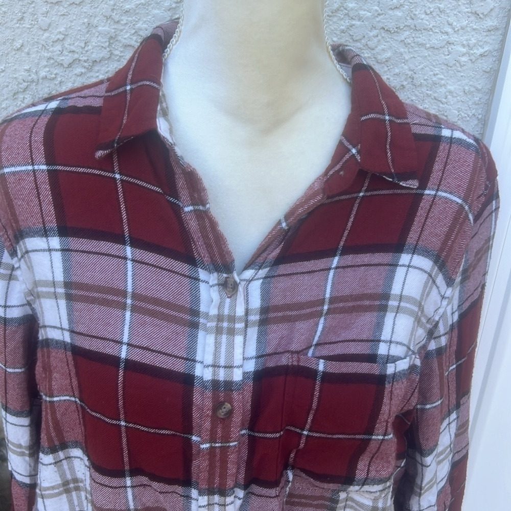 American Eagle AHH-AMAZINGLY Soft Boyfriend Fit Brown Plaid Flannel Women Size L - Picture 2 of 7